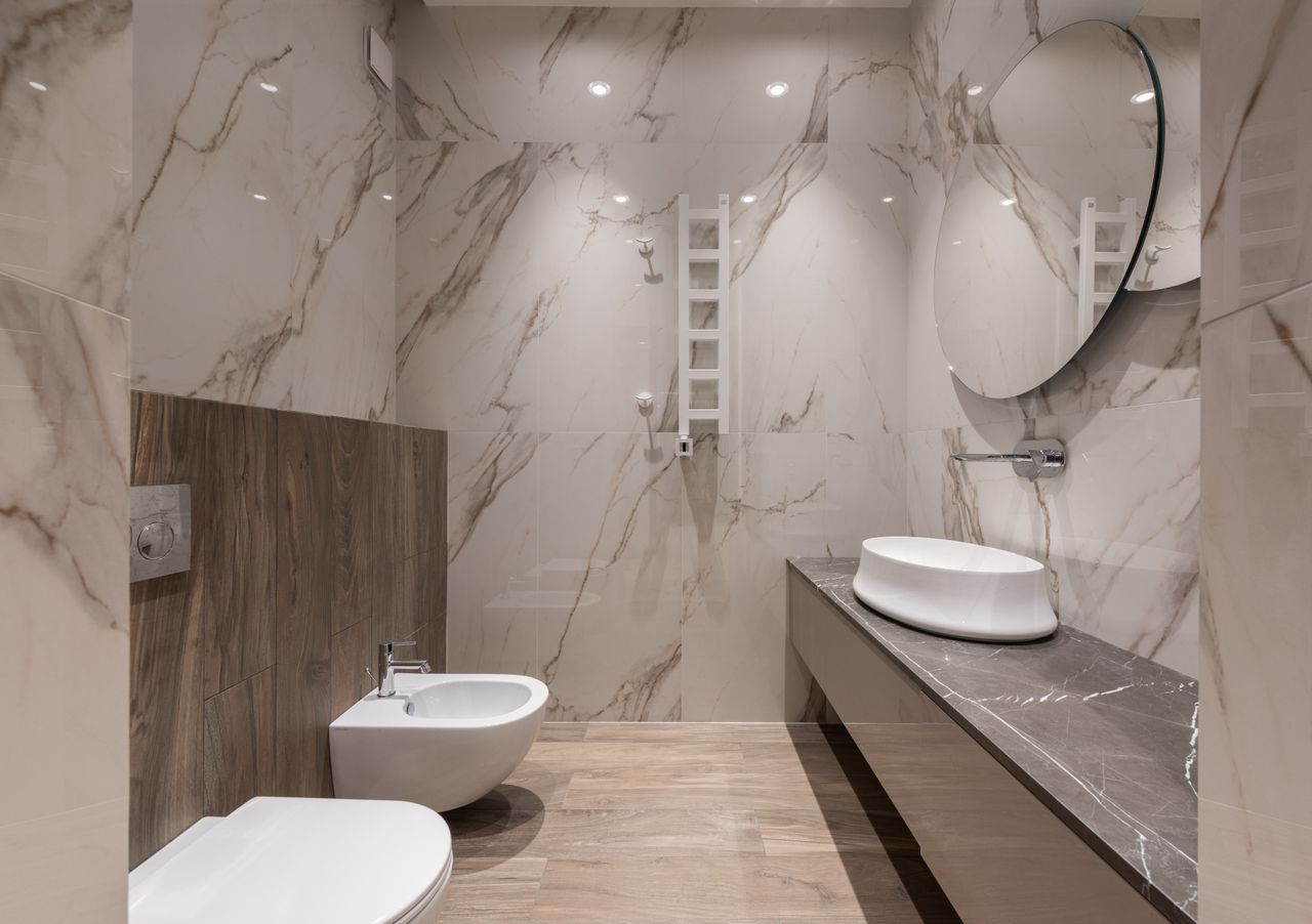 services-02 Interior of light modern bathroom with bidet and toilet and sink on cabinet under round mirror on tile